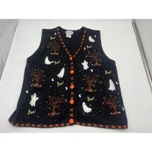 Vintage 90s Basic Editions embroidered Halloween Knit Sweater Vest Grannycore L